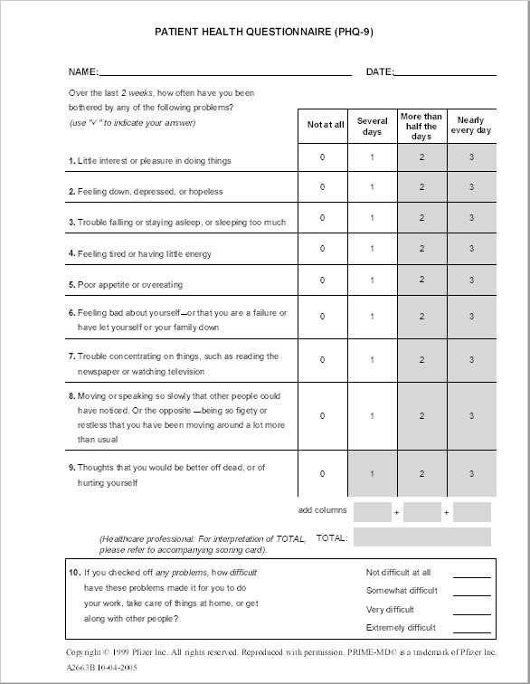 Phq 9 Printable Form Printable Word Searches